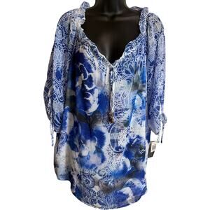 Style & Co Women Top Blouse Size Large Short Sleeve V-Neck Blue White Floral New